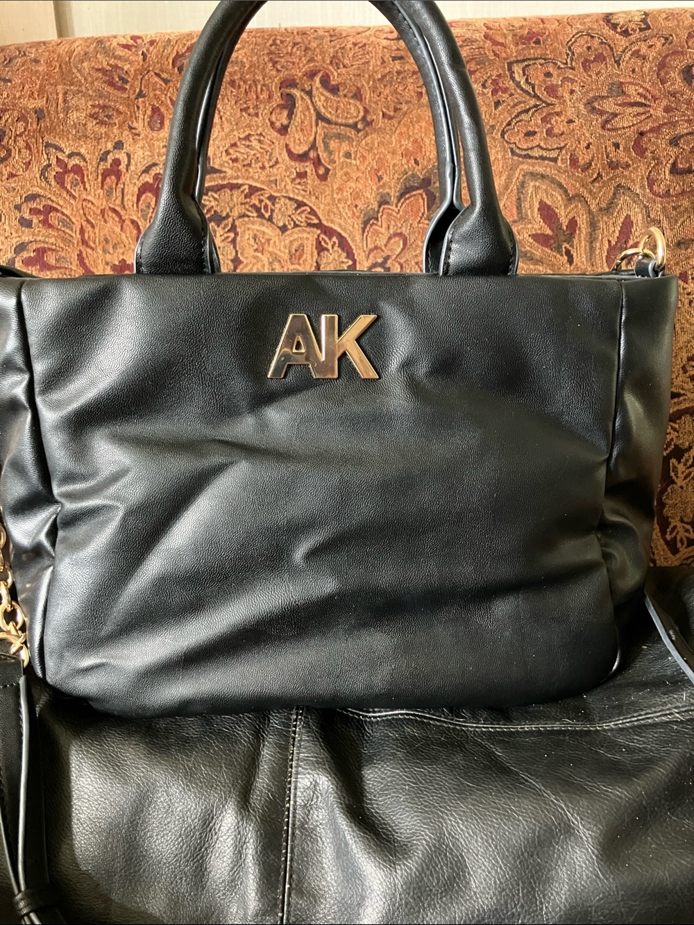Anne Klein Black Leather-Look Satchel with Gold AK Logo